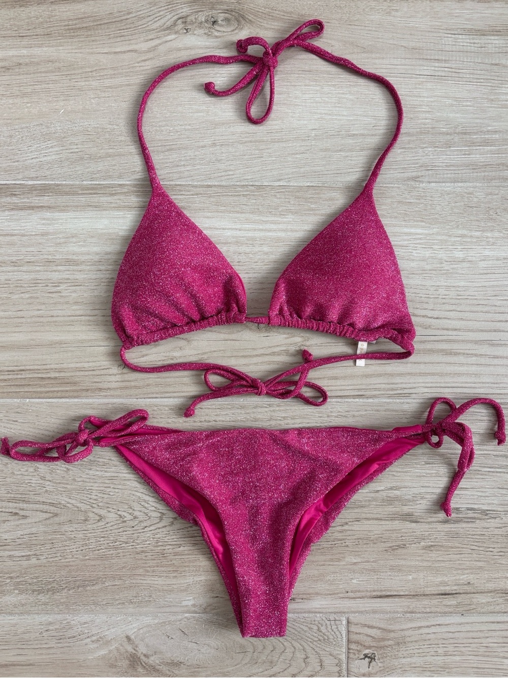 Phax Triangle Tie Cheeky Pink Sparkle Shimmer Bikini Swimsuit Medium Large